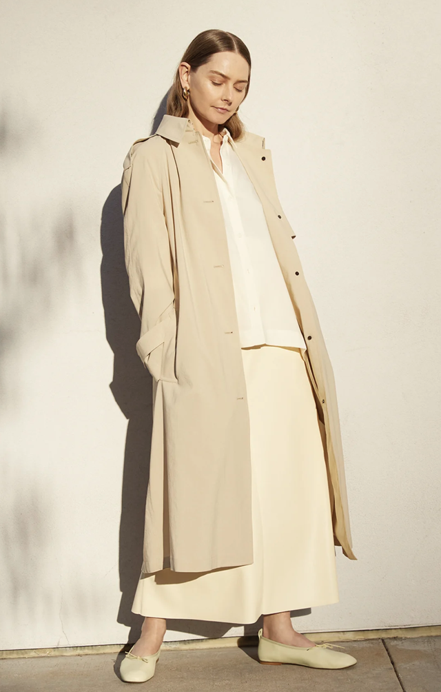 neutral raincoat outfit