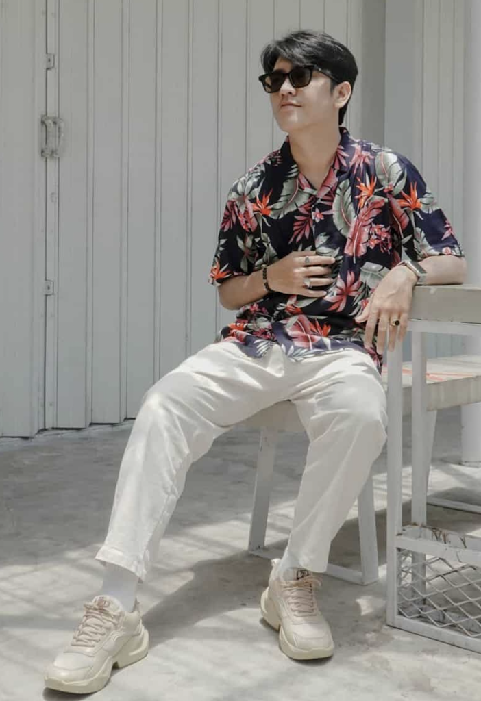 men's button up Hawaiian print shirt with trousers